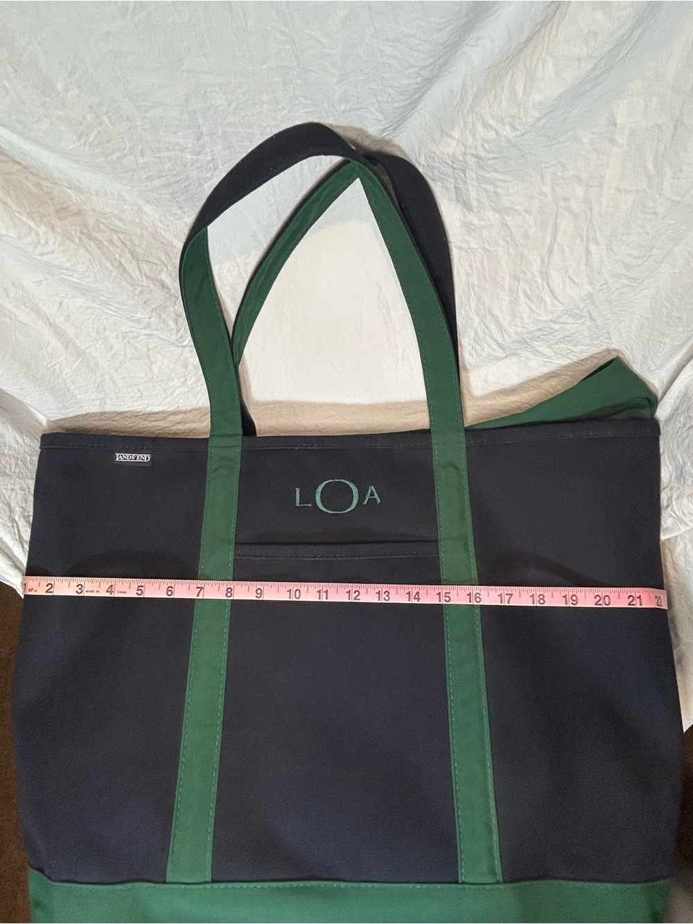 Lands' End Canvas Pocket Tote Bag Navy Blue & Green - Monogrammed "LOA" Size XL - Picture 15 of 16